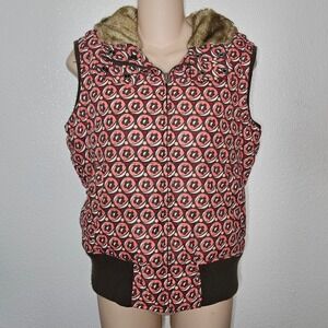 Aeropostale Puffer Vest Pink Brown Floral Print Faux Fur‎ Hood